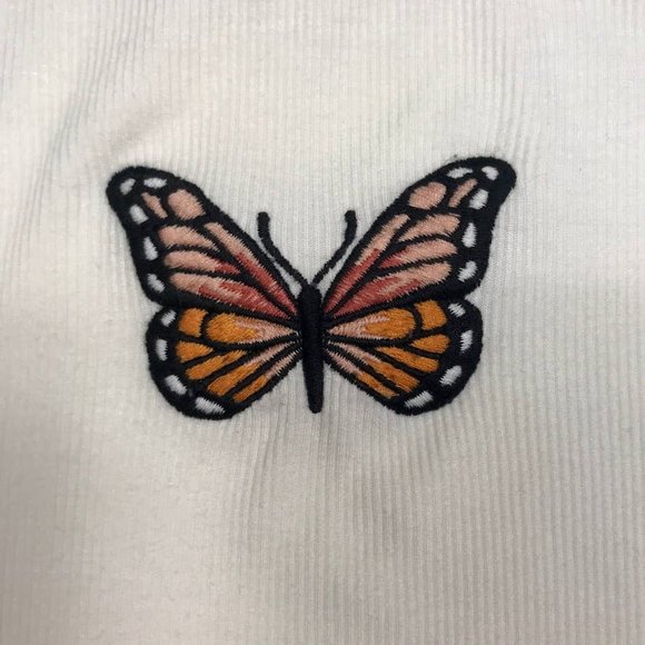 Embroidered Butterfly Crop Baby Tee Ribbed Fabric Ripple Hem - Picture 3 of 5